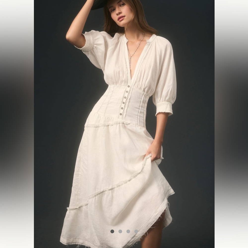 Anthropologie Cream Puff-Sleeve Midi Dress in Ivory